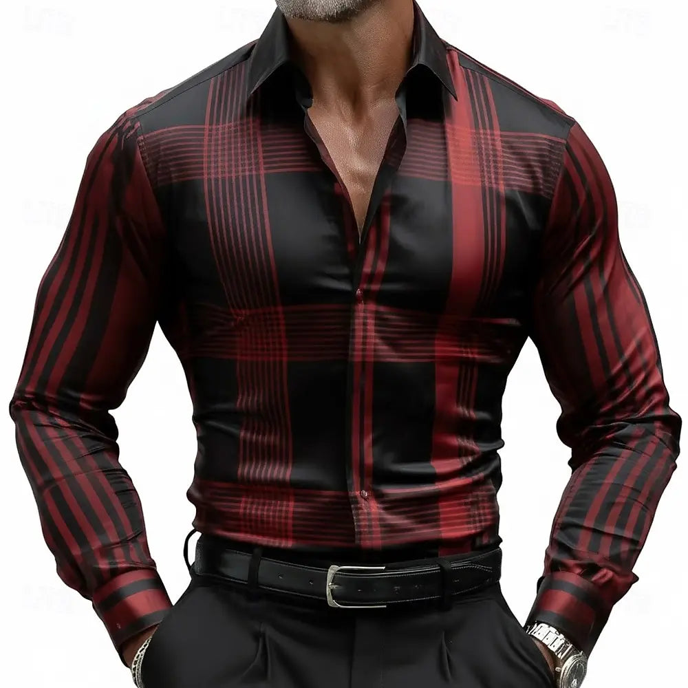 Men's Geometric Striped Grid Plaid Shirt Long Sleeve Business Casual Vacation Summer Spring Turndown 3D Print Button Up Shirts